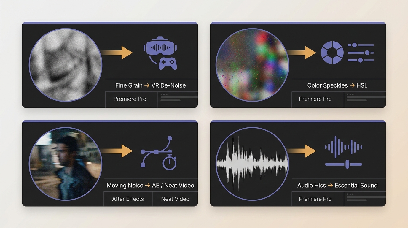 Noise types mapped to Premiere Pro, After Effects, Neat Video, and audio denoise tools