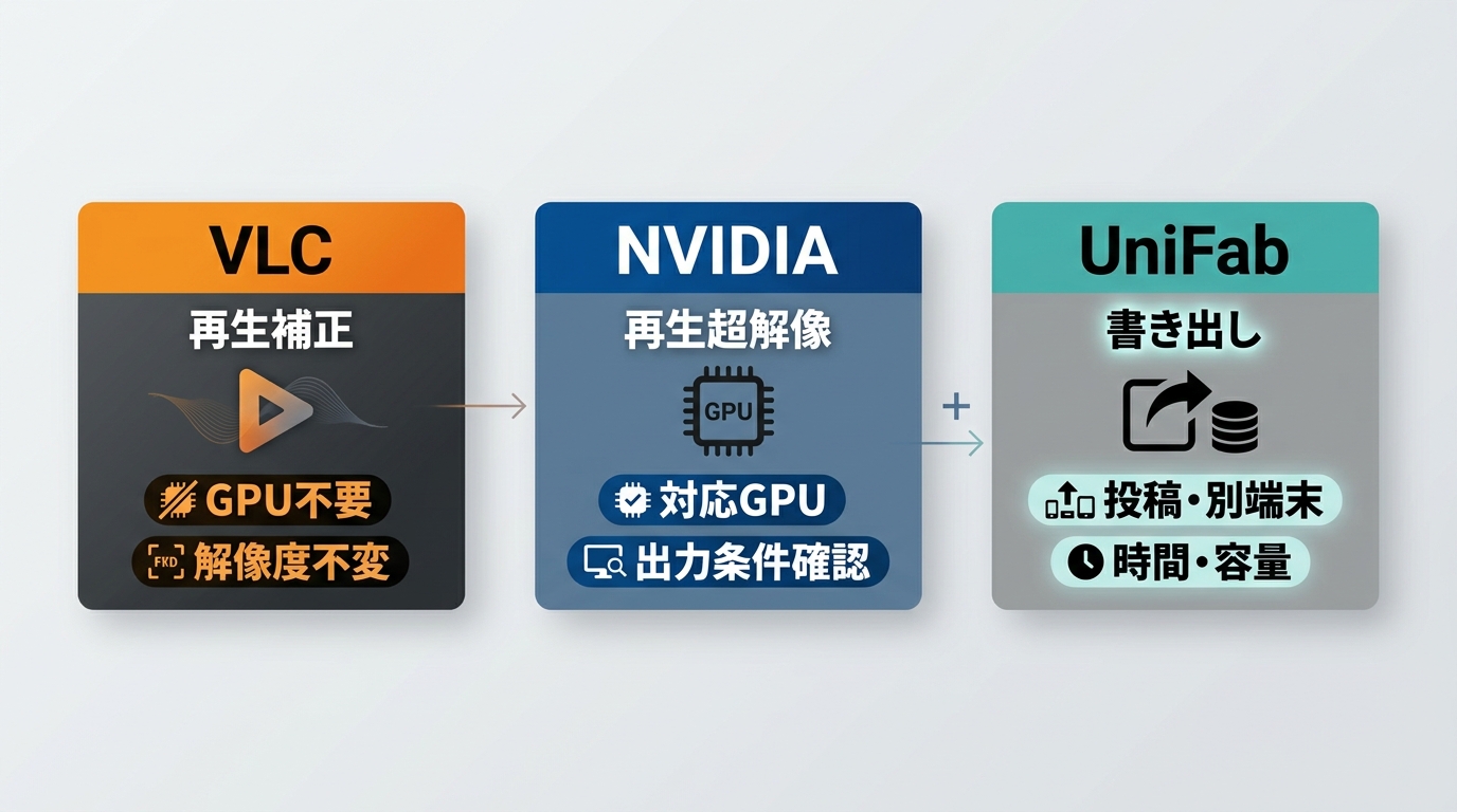 VLCの再生補正とNVIDIA超解像、UniFabの動画書き出し機能の違い