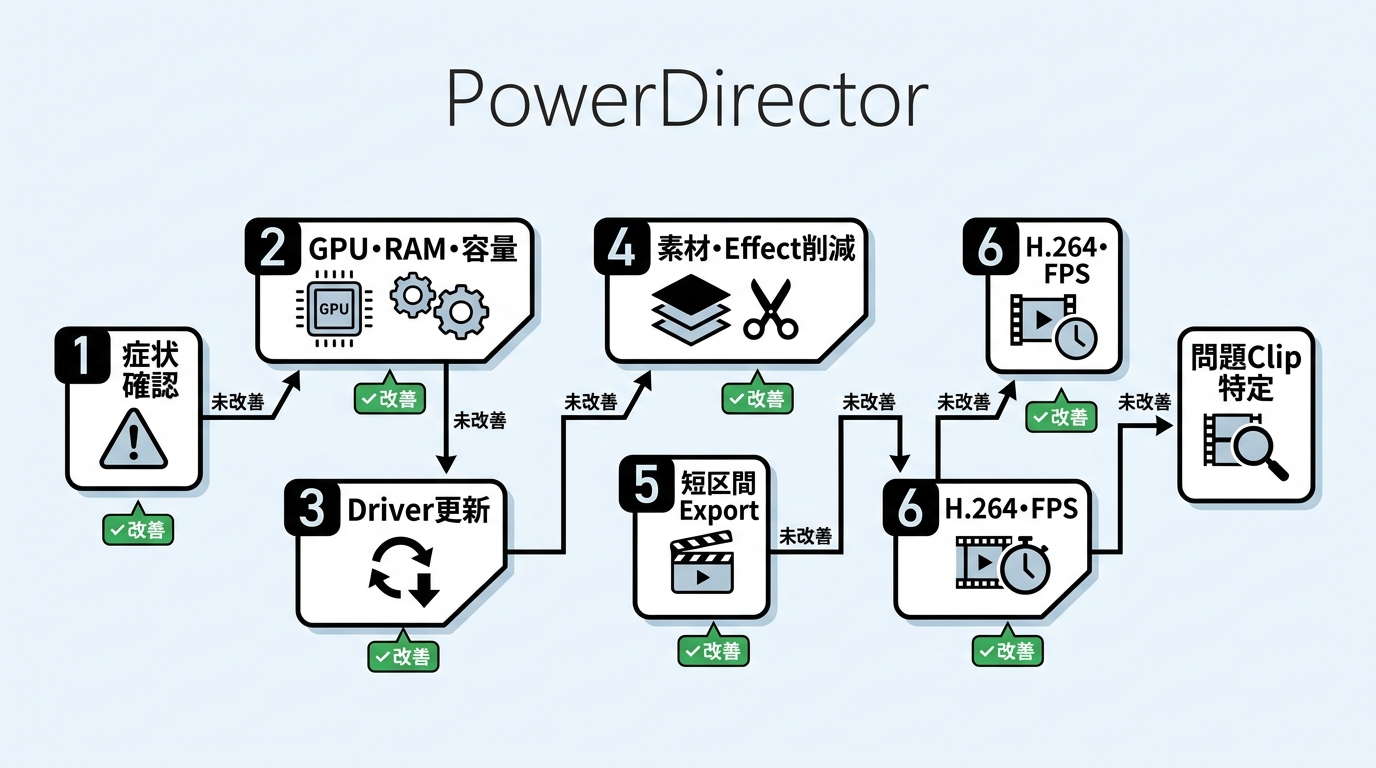 PowerDirectorの重さや書き出し失敗を順番に切り分ける手順