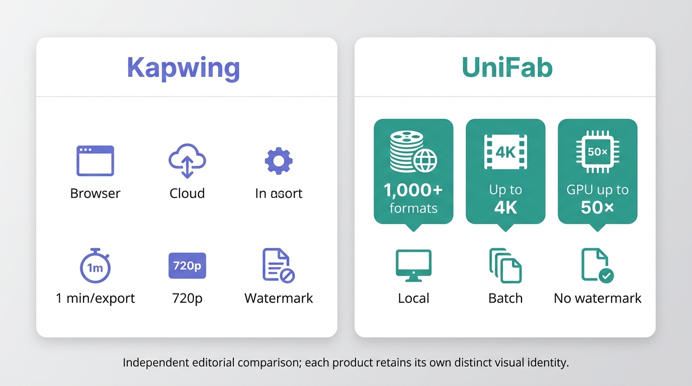 Kapwing offers cloud editing with free limits; UniFab offers local batch conversion up to 4K