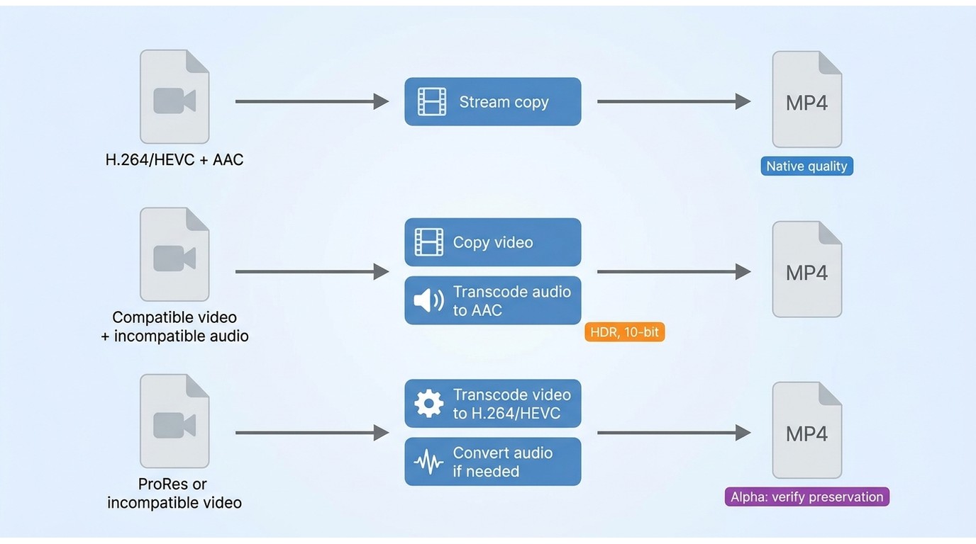 Remux versus transcode from MOV to MP4 based on codecs, HDR, 10-bit, and alpha