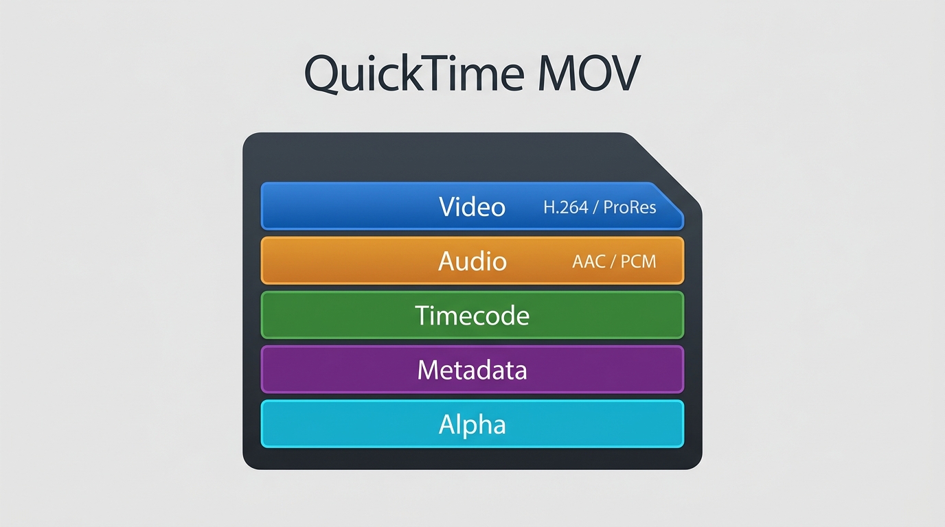 Inside a MOV file: video, audio, timecode, metadata, and optional alpha tracks