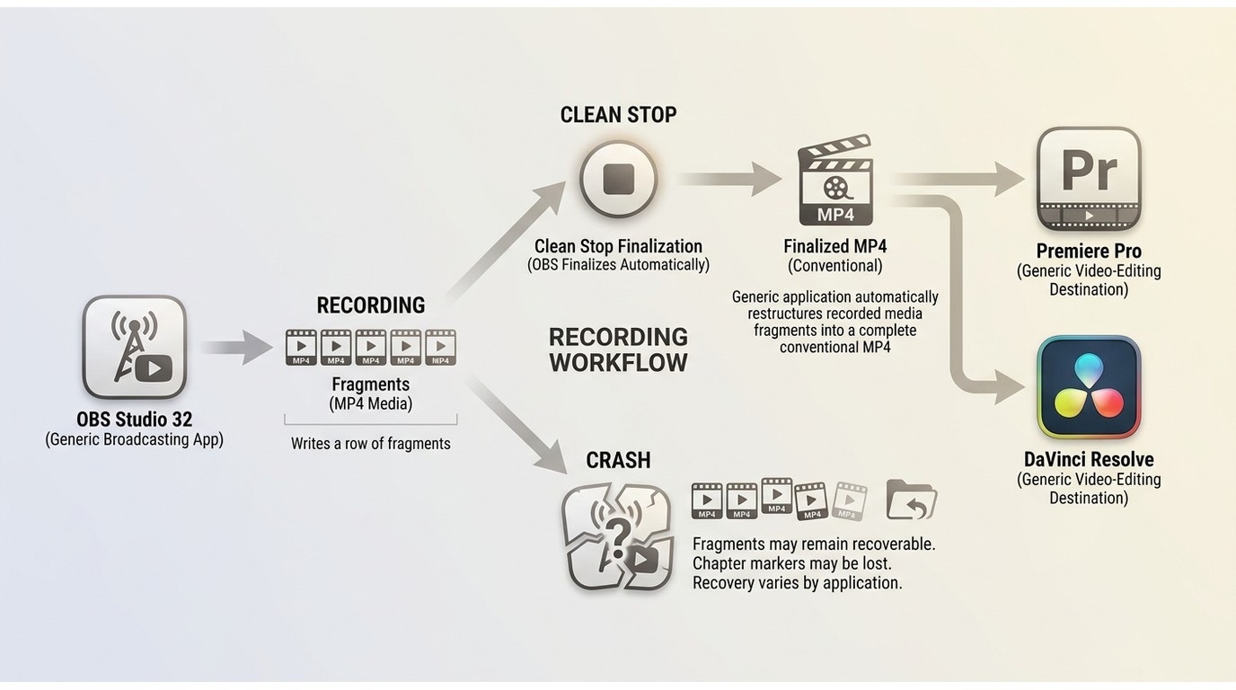 Hybrid MP4 preserves media fragments and restructures them after a clean OBS stop