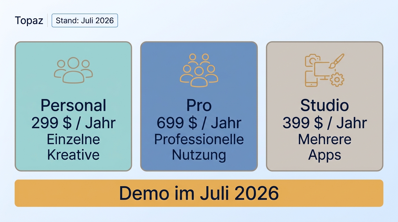 Topaz-Pläne Personal, Pro und Studio mit Jahrespreisen und typischen Zielgruppen