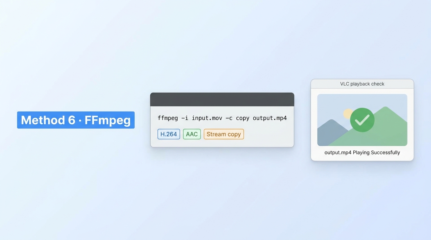 FFmpeg stream-copy commands for MOV to MP4 followed by playback verification in VLC