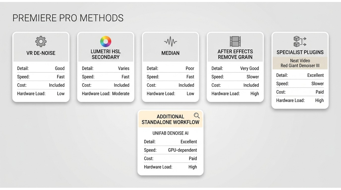 Five Premiere Pro denoising paths compared by detail, speed, cost, and hardware load