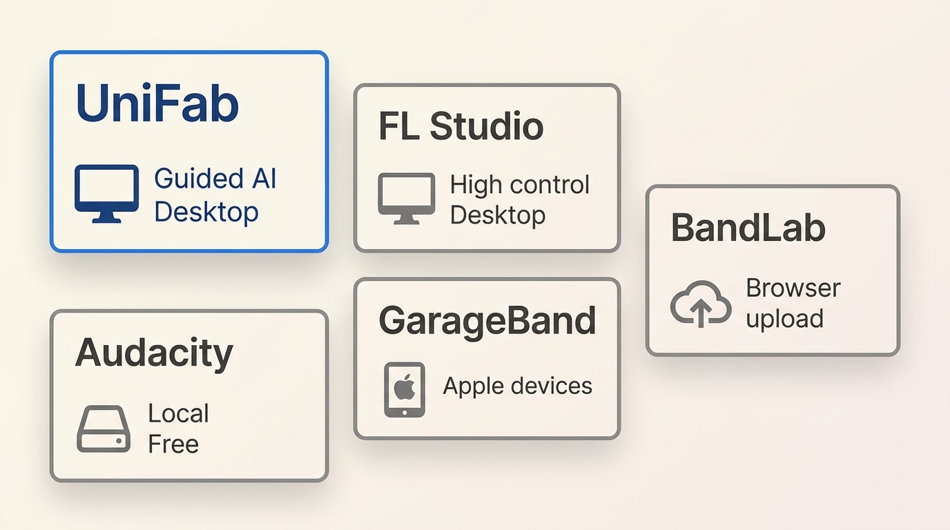 Comparison of UniFab, FL Studio, GarageBand, BandLab, and Audacity vocal removal methods
