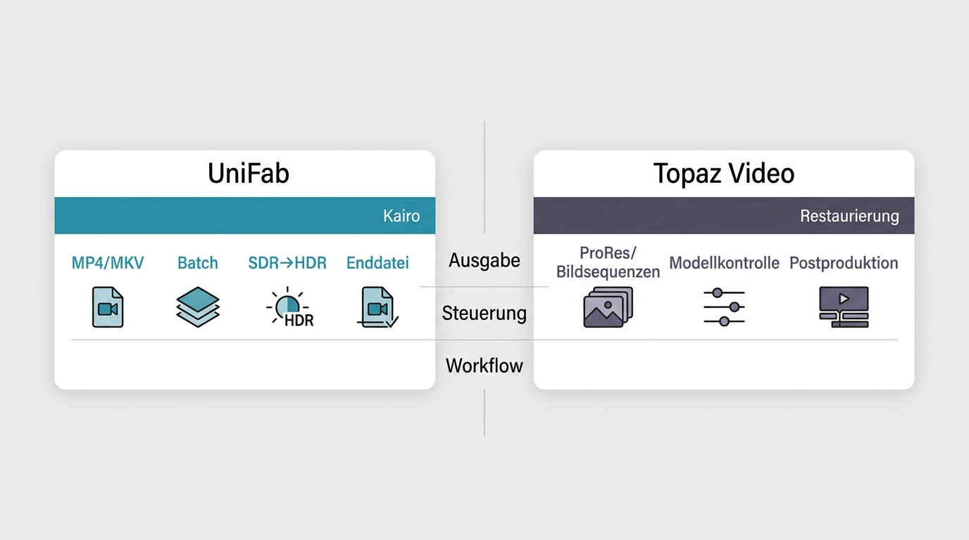 UniFab und Topaz Video nach Ausgabeformat, Modellkontrolle und Workflow verglichen