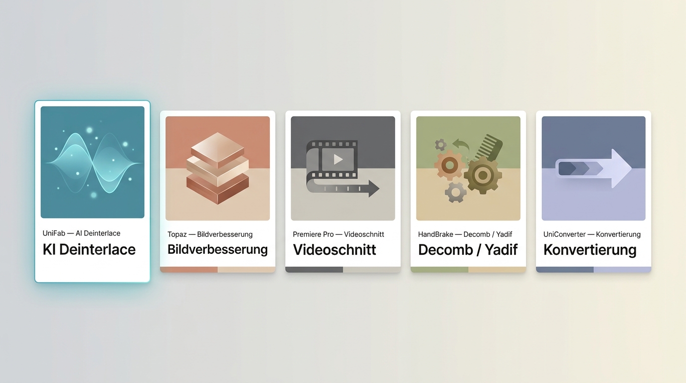 Vergleich von UniFab, Topaz Video AI, Premiere Pro, HandBrake und UniConverter