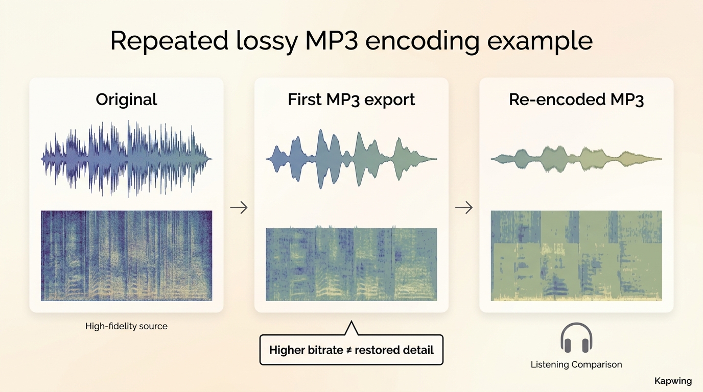 Kapwing MP3 generations progressively lose audio detail that a higher bitrate cannot restore