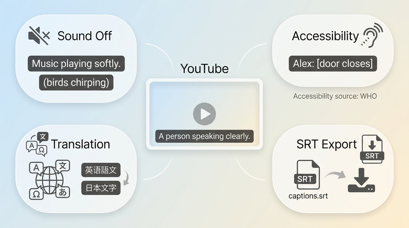 How YouTube captions support comprehension, accessibility, translation, and SRT reuse