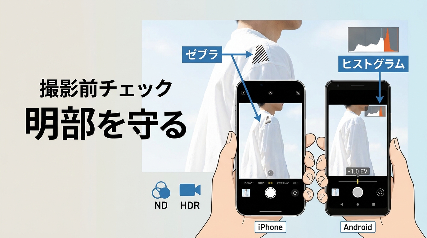 iPhoneとAndroid撮影でヒストグラム、ゼブラ、露出補正、ND、HDRを確認する要点