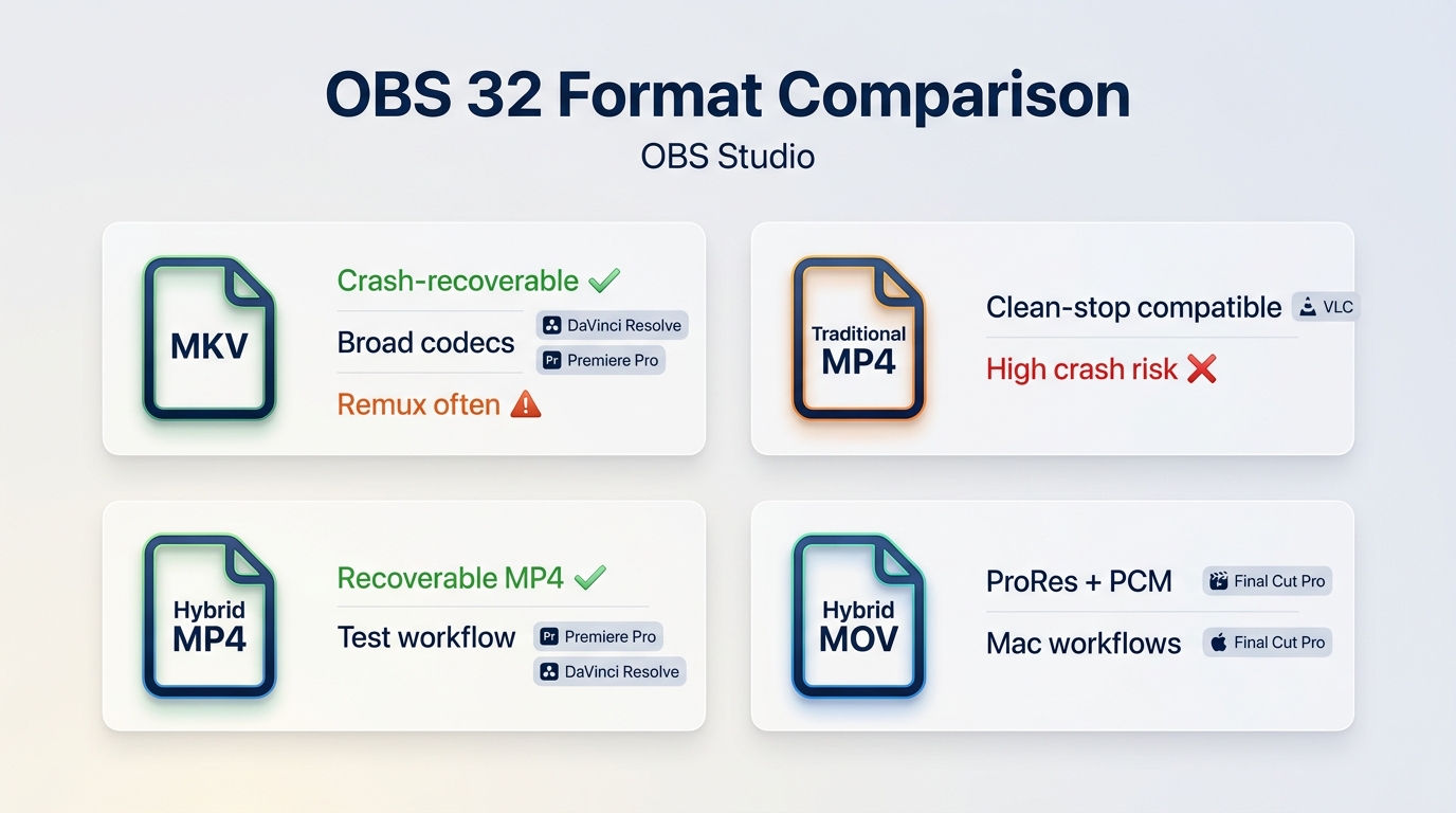 OBS 32 format comparison for recovery, editor fit, codec flexibility, and remux needs