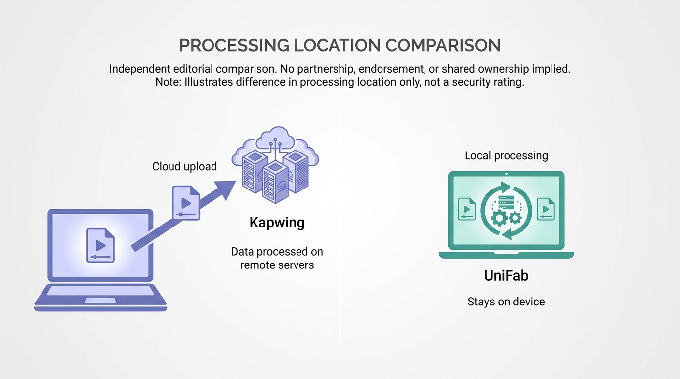 Kapwing uploads media to the cloud, while UniFab can process authorized files on the device