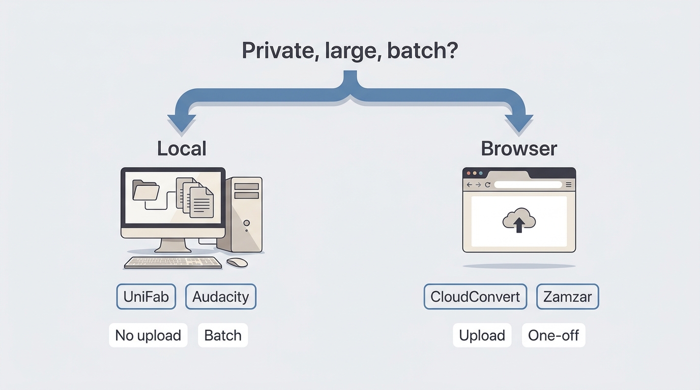 Choosing UniFab or Audacity for local work and CloudConvert or Zamzar for browser conversion