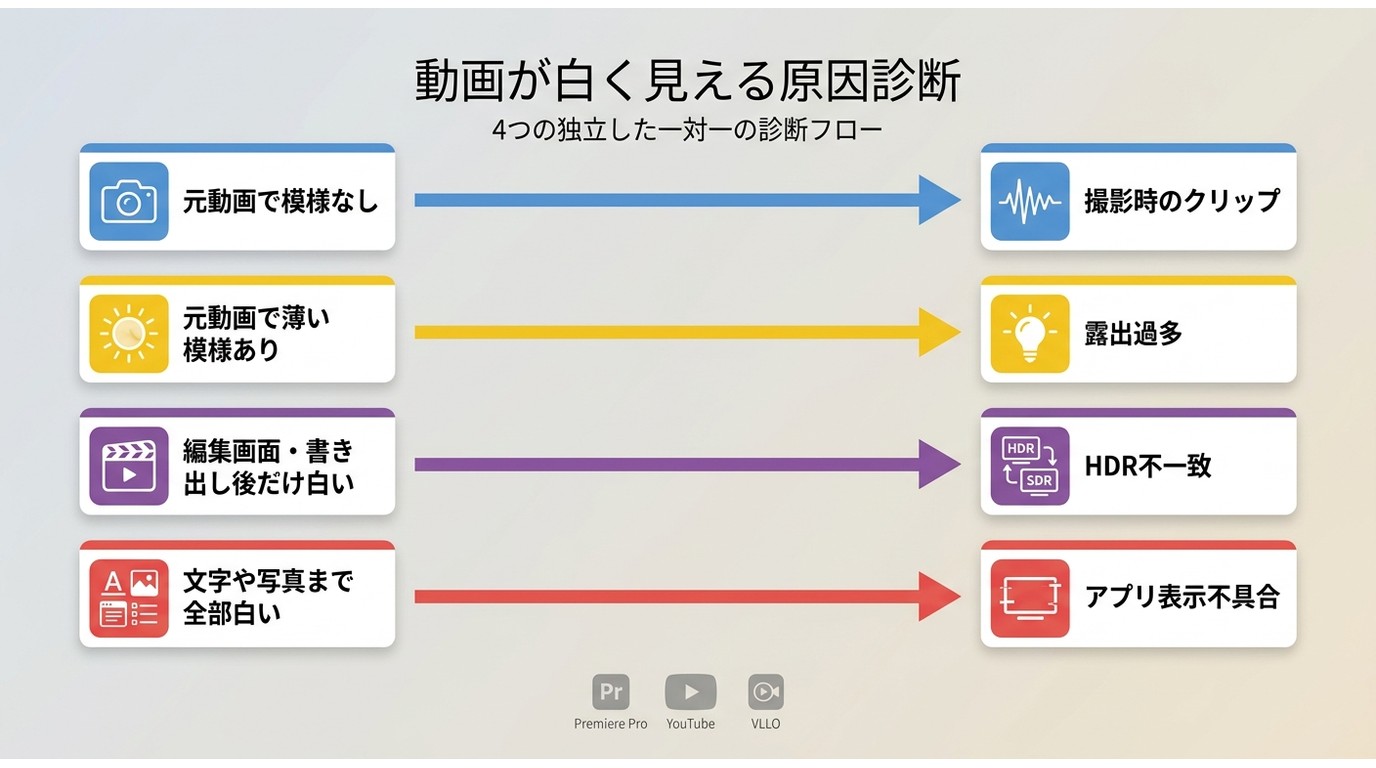 動画の白飛びを撮影時のクリップ、露出過多、HDR不一致、アプリ不具合に切り分ける流れ