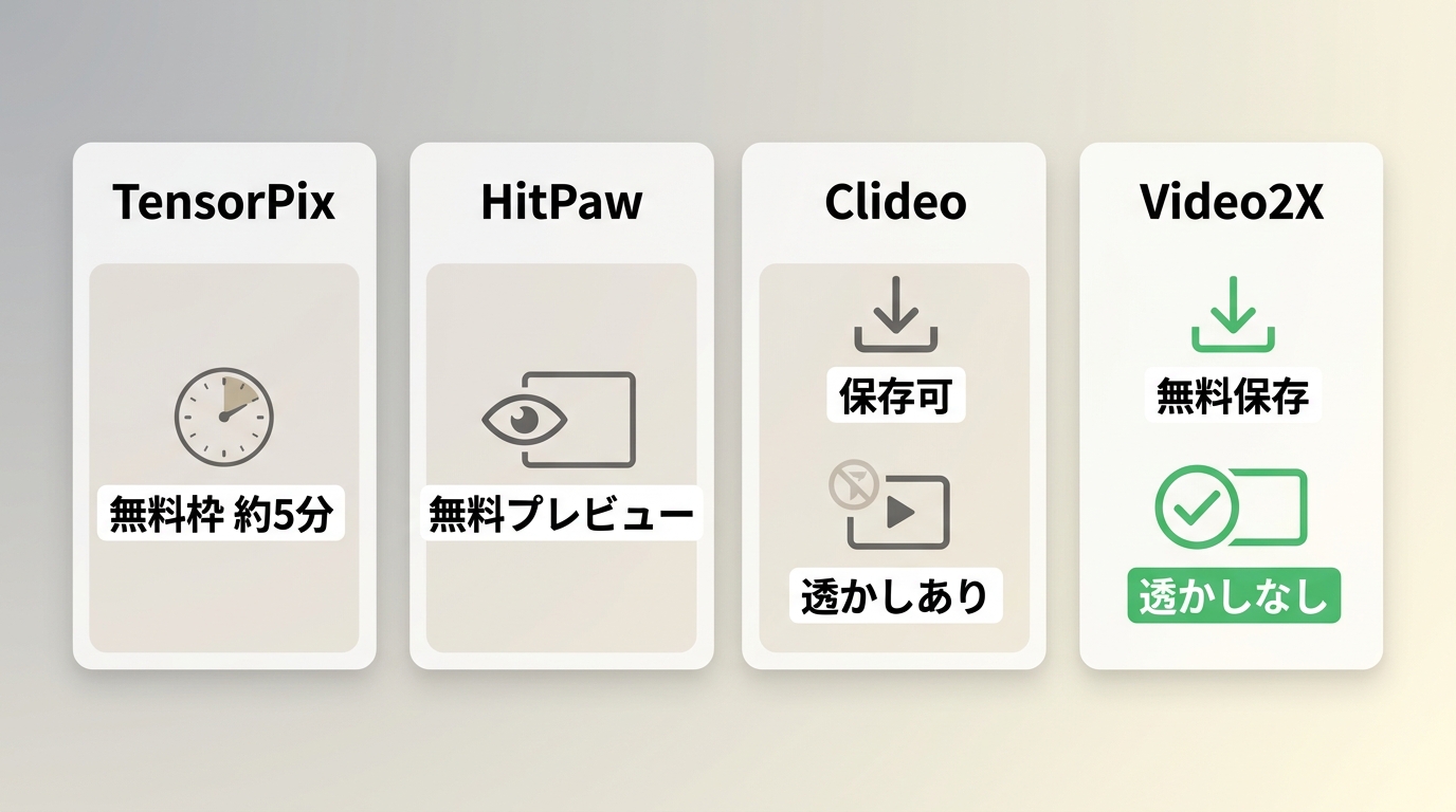 TensorPix・HitPaw・Clideo・Video2Xで異なる無料利用条件