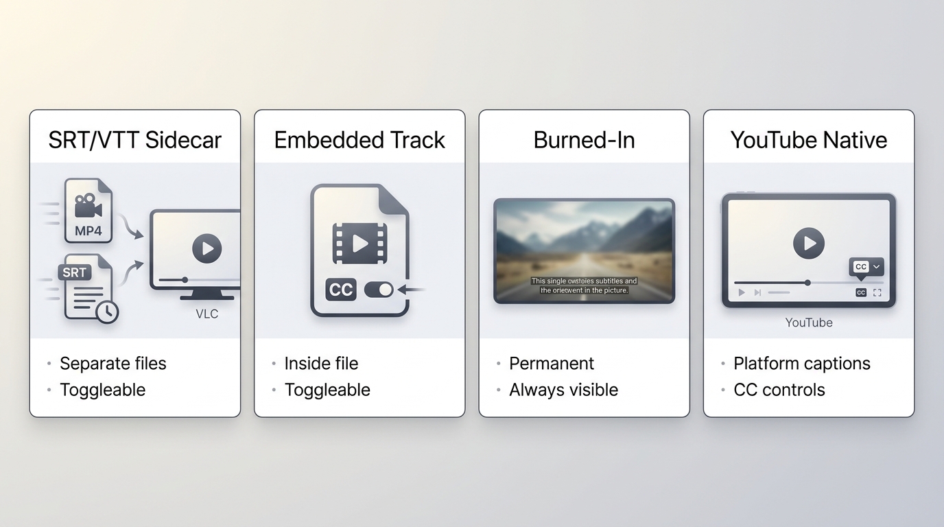 Subtitle output choices for MP4, SRT, VTT, VLC, and YouTube playback