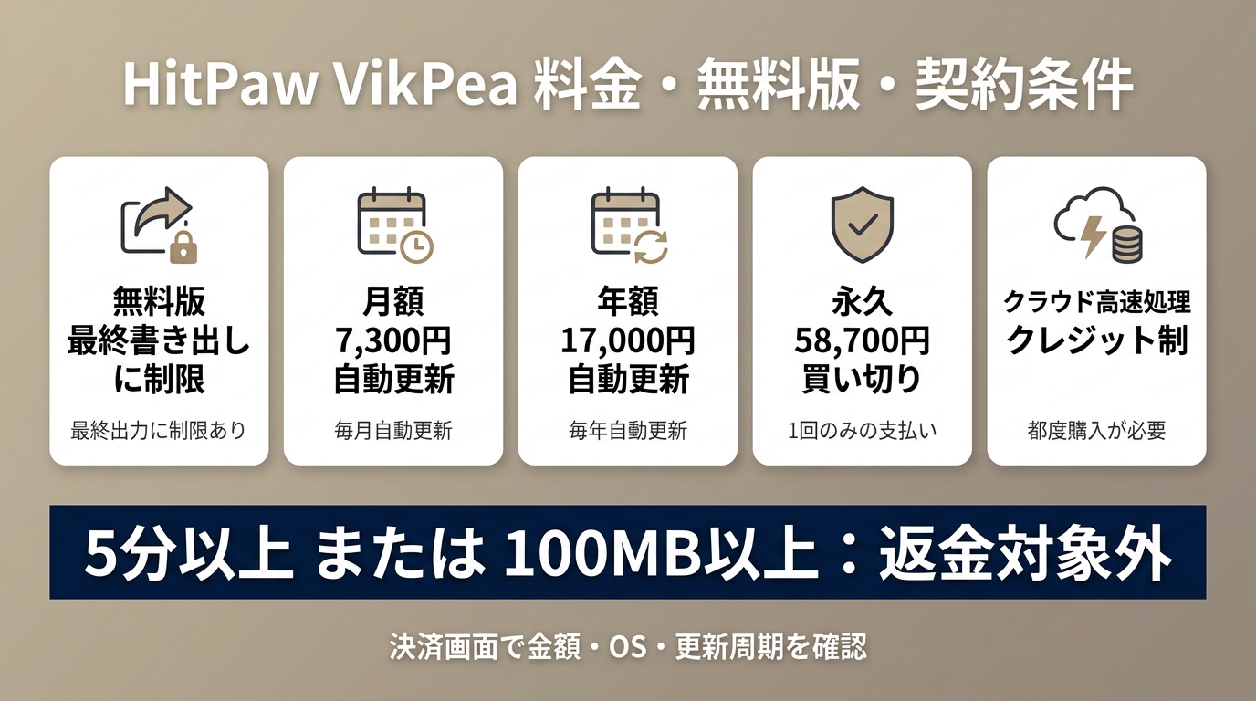 HitPaw VikPeaの無料版制限と月額・年額・永久プランの契約条件