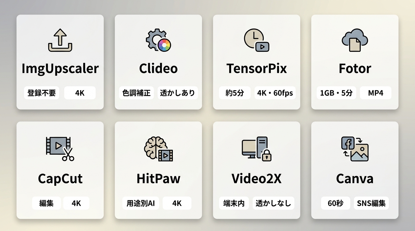 ImgUpscalerからCanvaまで8サービスの無料条件・上限・用途比較