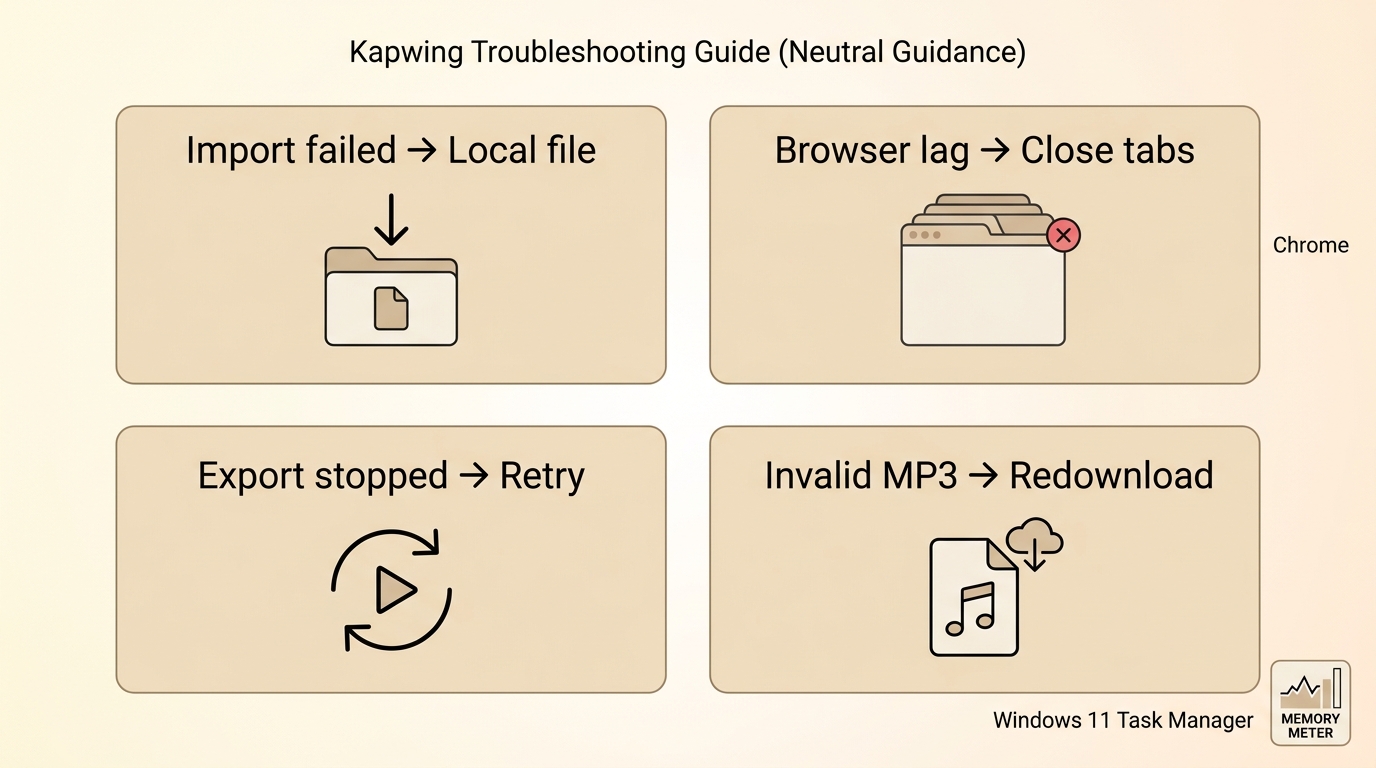 Kapwing fixes for import failure, Chrome memory pressure, stopped exports, and invalid MP3 files