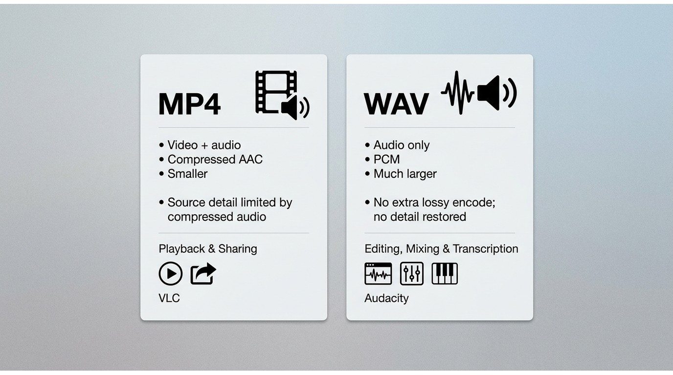 Comparison of MP4 and WAV by contents, codec, file size, quality, and typical use