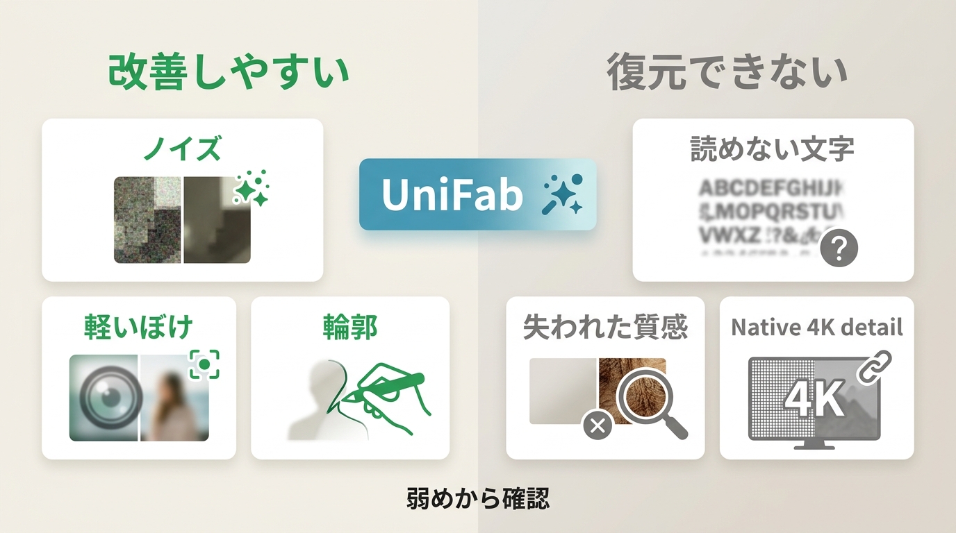 UniFabのDVD高画質化AIで補正範囲と限界を確認する図