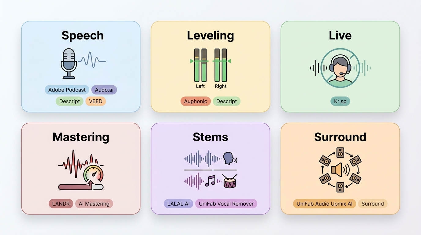 Best Adobe audio enhancer alternatives for speech, podcasts, calls, music, stems, and surround