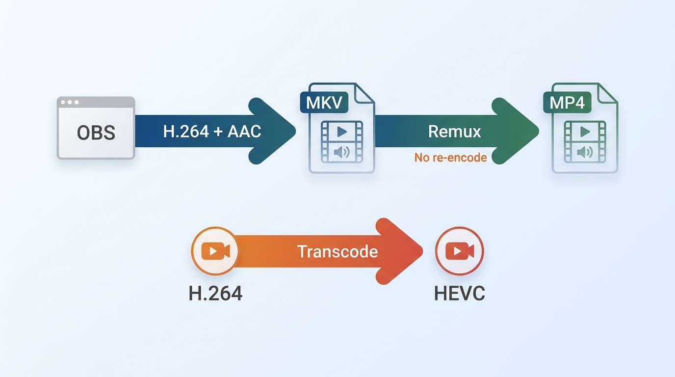 Codec encodes media; a container packages streams, while remuxing changes only the wrapper