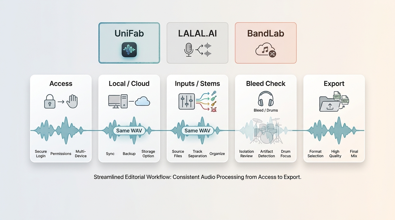 Workflow for testing UniFab, LALAL.AI, and BandLab with the same WAV excerpt