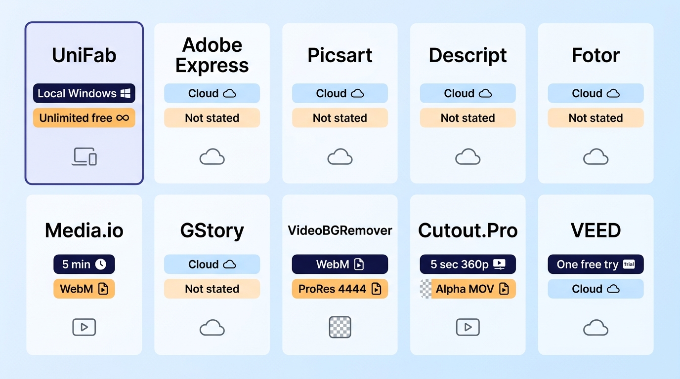 Free limits, processing location, and transparent formats for 10 AI video removers