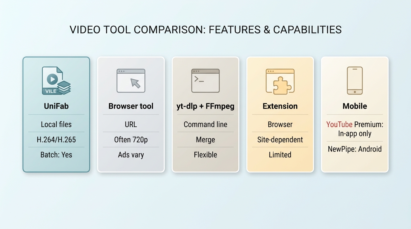 Comparison of UniFab, browser tools, yt-dlp, extensions, and mobile YouTube workflows
