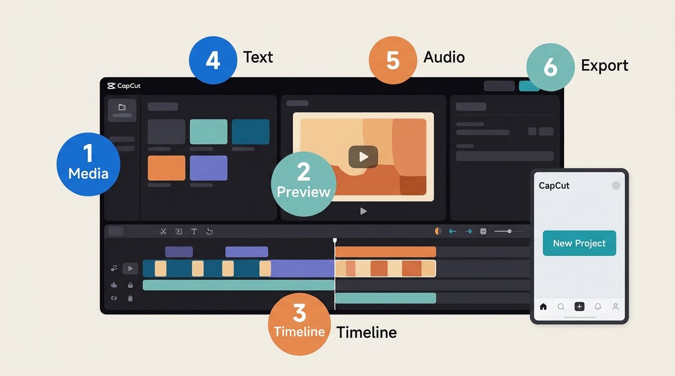 CapCut workspace showing Media, Preview, Timeline, Text, Audio, Export, and New Project