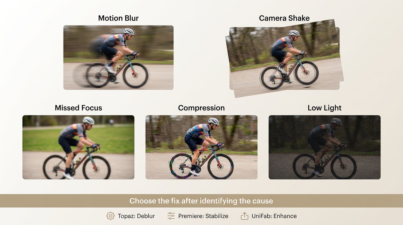 Motion blur, camera shake, missed focus, compression, and low-light noise compared