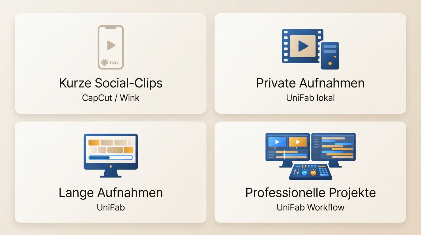 Einsatzwahl für CapCut, Wink, lokale Apps und Desktop nach Clipdauer und Datenschutz