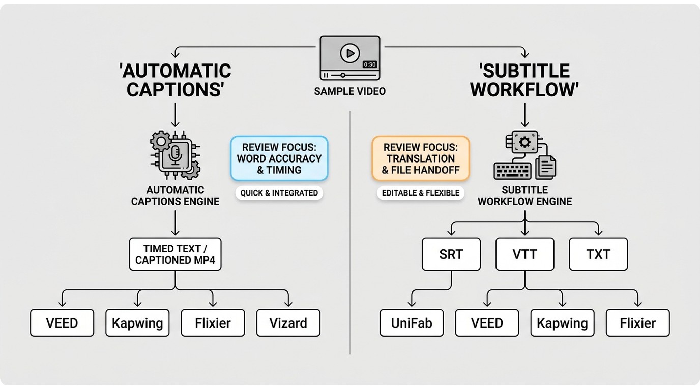 Automatic caption output versus editable SRT, VTT, and TXT subtitle workflows