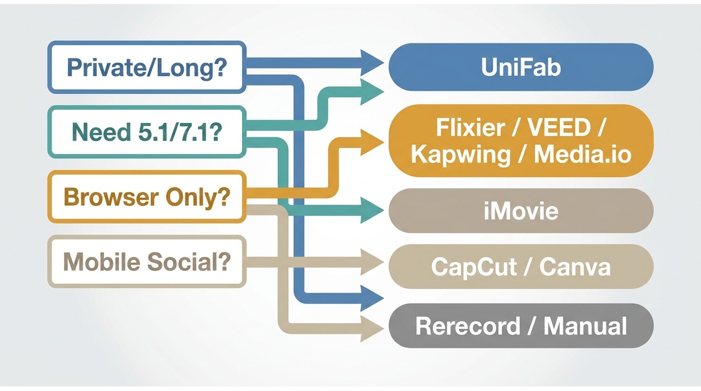 Decision paths to UniFab, VEED, iMovie, CapCut, Canva, or manual repair