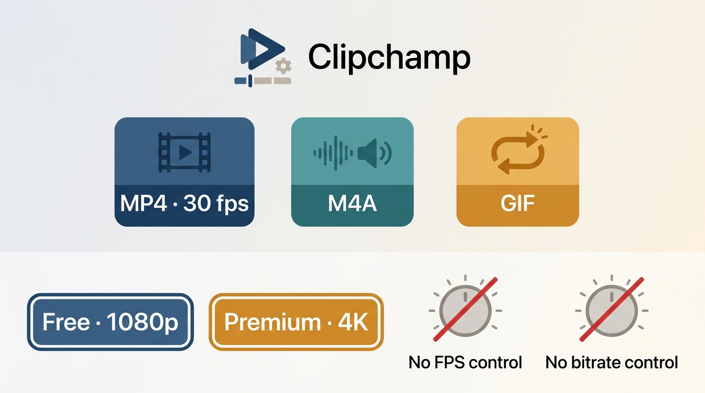 Clipchamp exports MP4 at 30 fps, with 1080p Free and 4K Premium limits