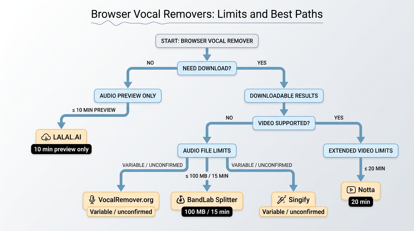 Browser vocal remover limits for BandLab, LALAL.AI, Notta, VocalRemover.org, and Singify