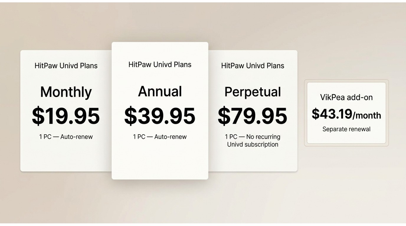 HitPaw Univd prices, one-PC limits, renewals, and the separate VikPea add-on cost