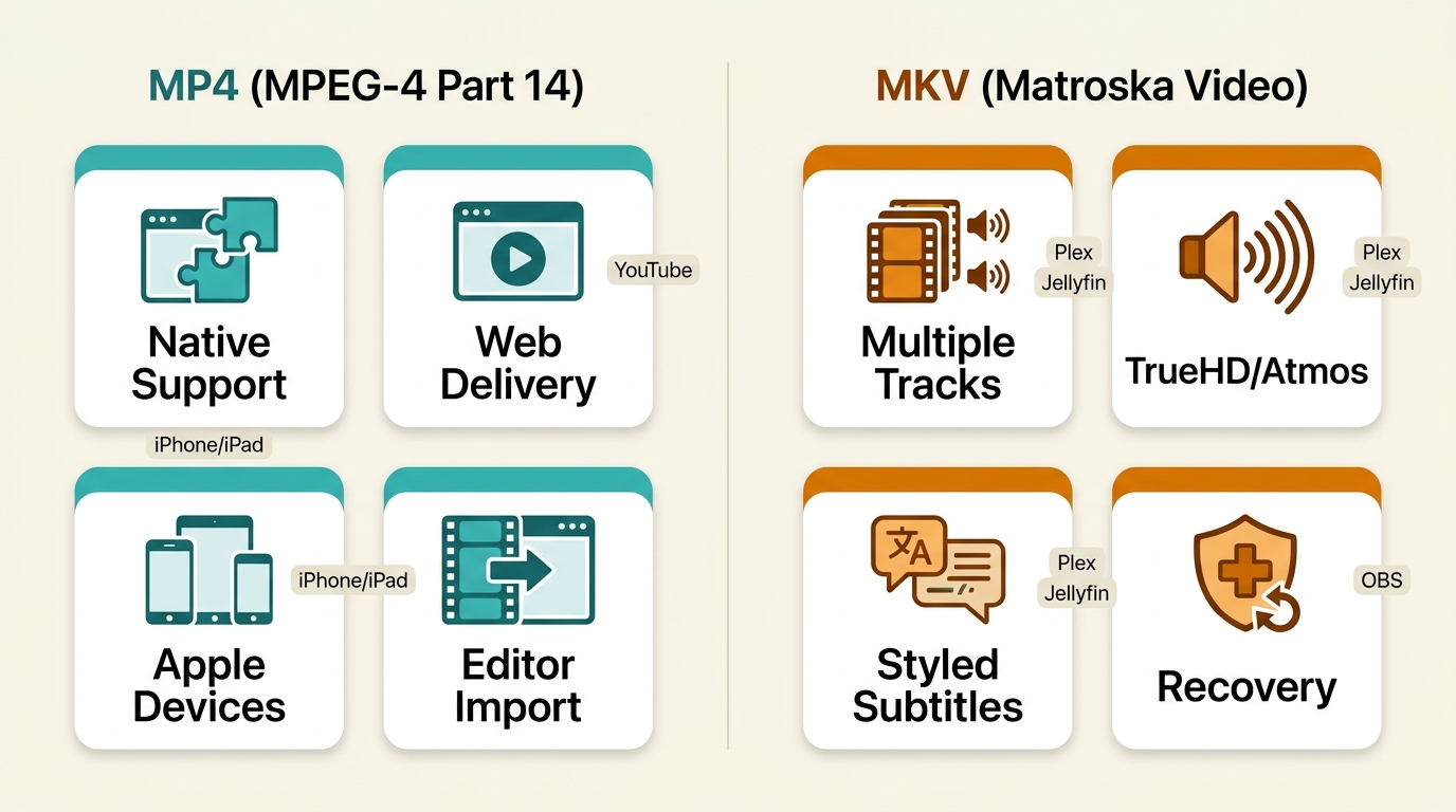 MKV vs MP4 by compatibility, tracks, web delivery, home theater, and OBS recording