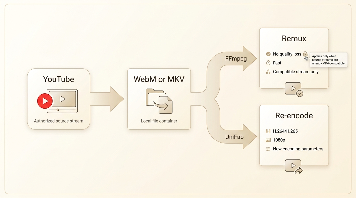 Authorized YouTube source followed by local MP4 remuxing or re-encoding