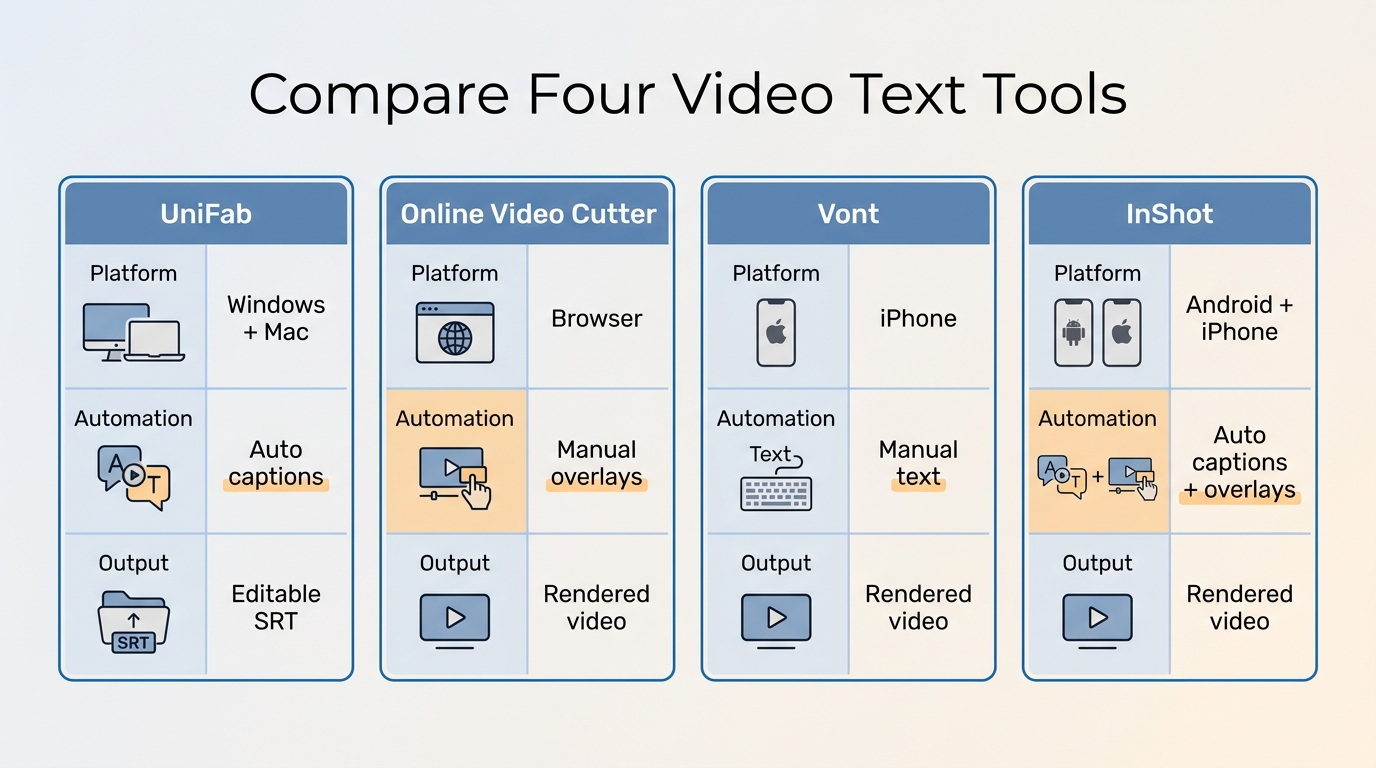 UniFab, Online Video Cutter, Vont, and InShot compared by automation, output, and platform