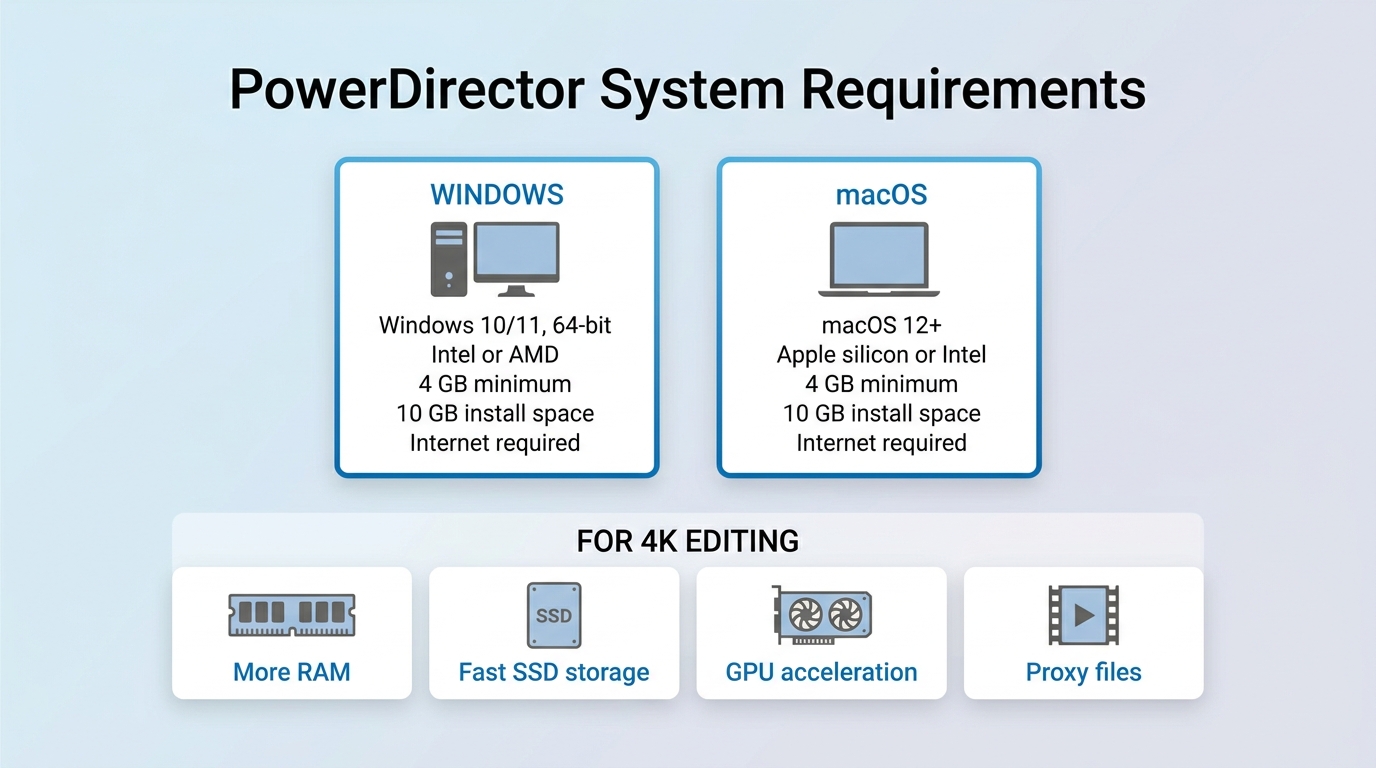 PowerDirector requirements for Windows and macOS plus recommended resources for 4K editing