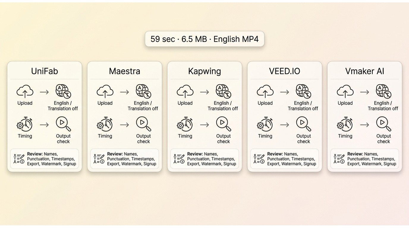 How one 59-second MP4 was tested across UniFab, Maestra, Kapwing, VEED.IO, and Vmaker AI