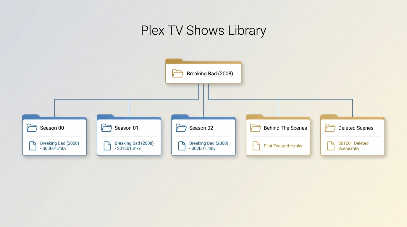 Plex folder tree for Breaking Bad with seasons, SxxExx episodes, specials, and extras
