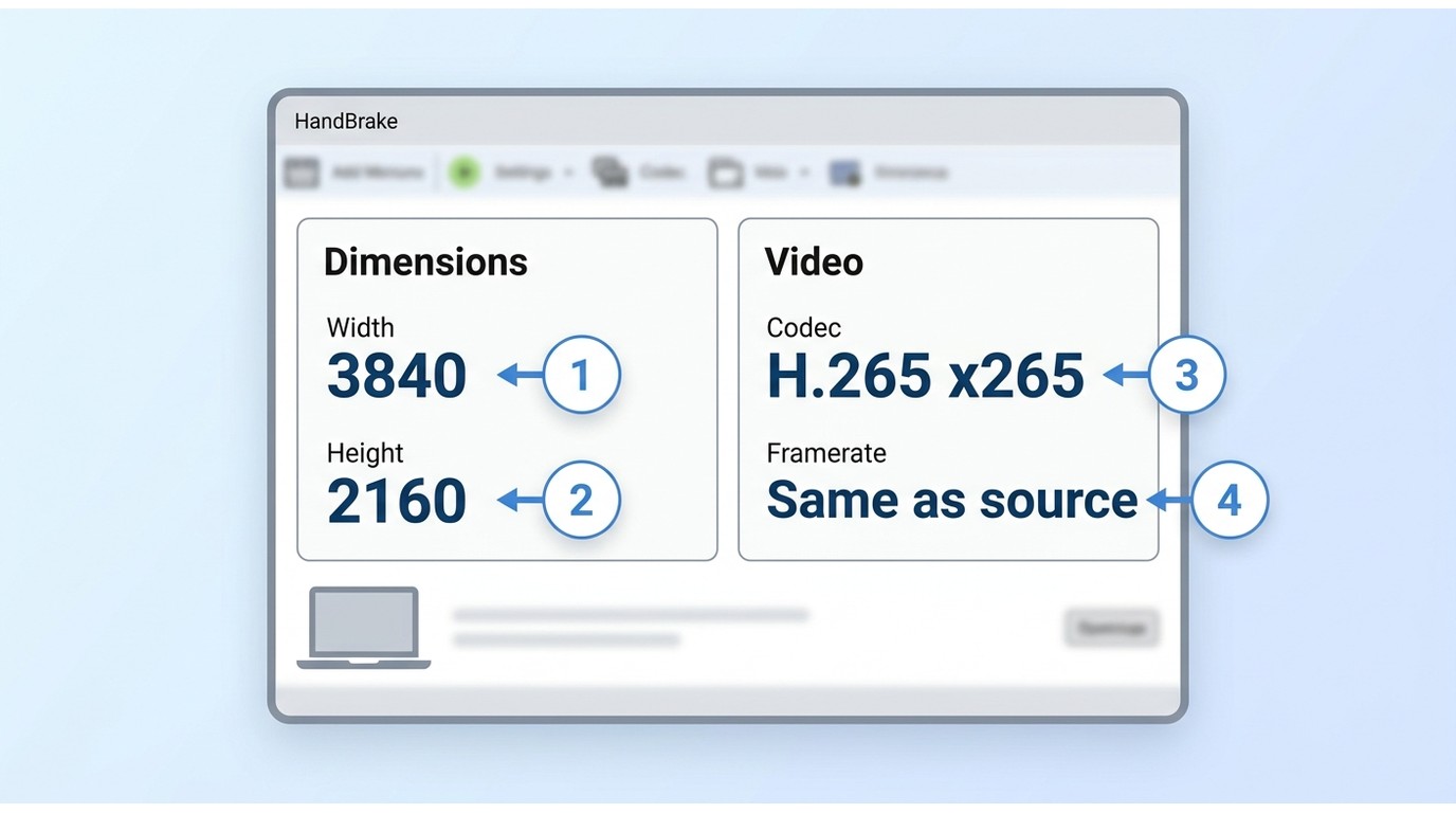 HandBrake settings for 3840×2160 output, H.265 encoding, and source frame rate
