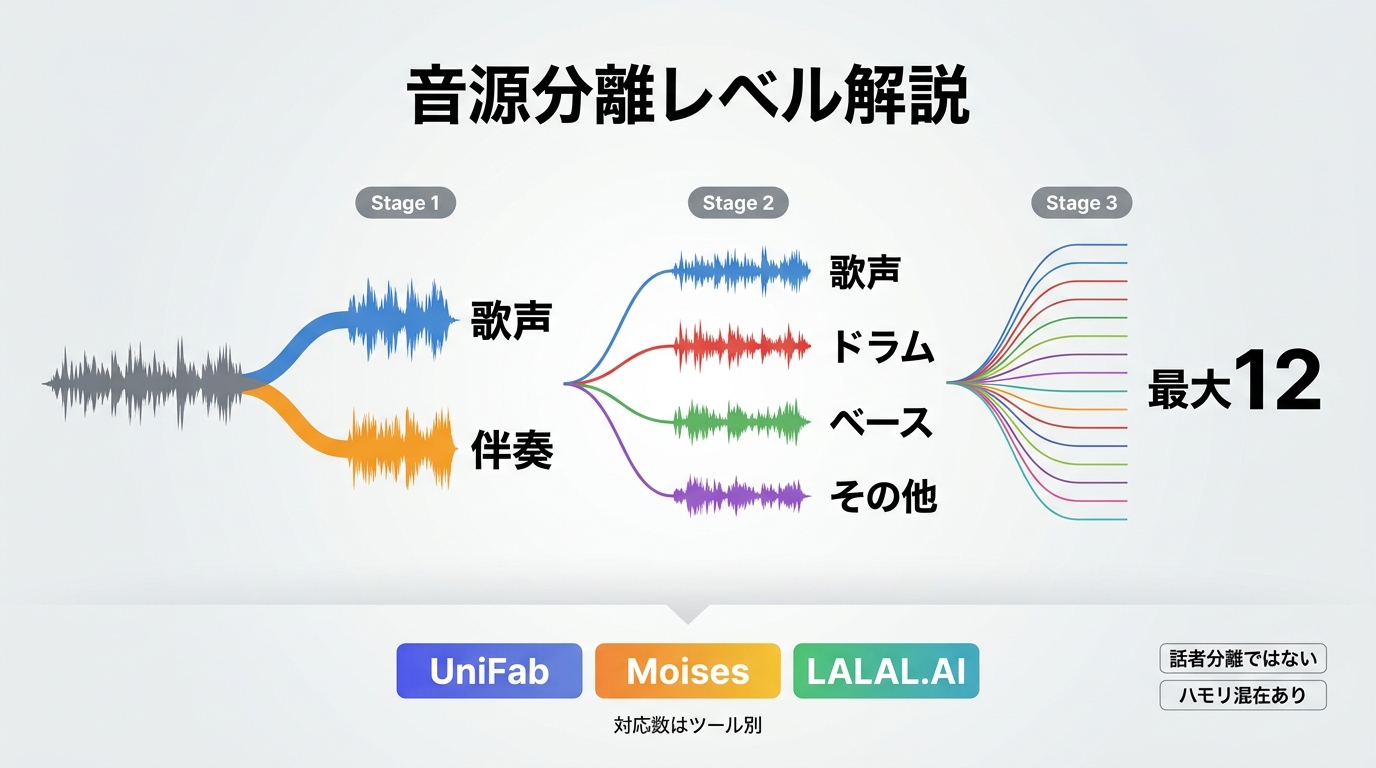 2・4〜5・最大12ステムの分離対象と、話者分離やハモリ抽出との違い