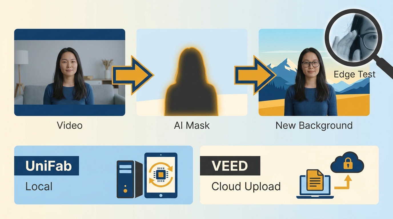UniFab local processing versus VEED cloud upload, masking, and edge stress testing
