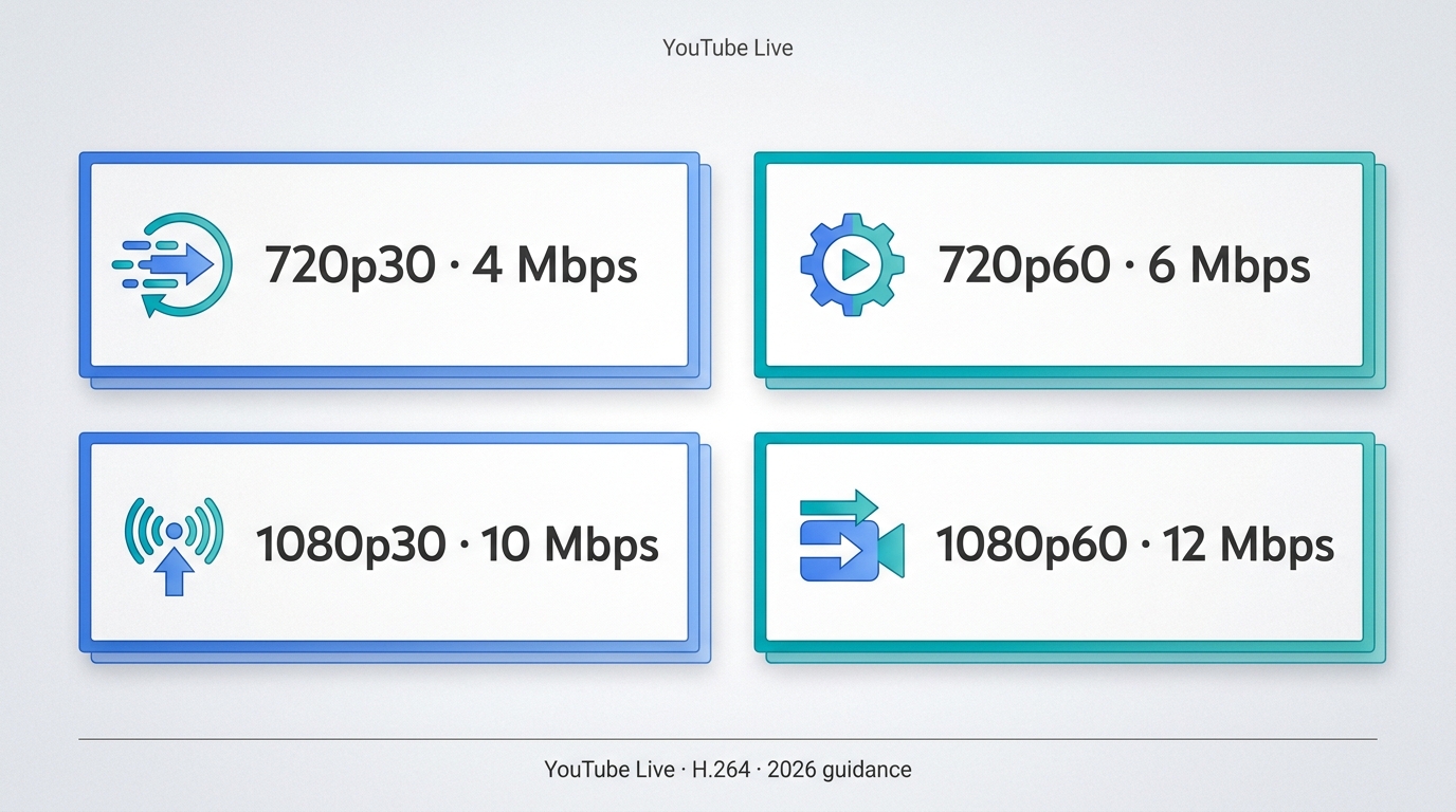 YouTube live H.264 bitrates: 4–6 Mbps for 720p and 10–12 Mbps for 1080p